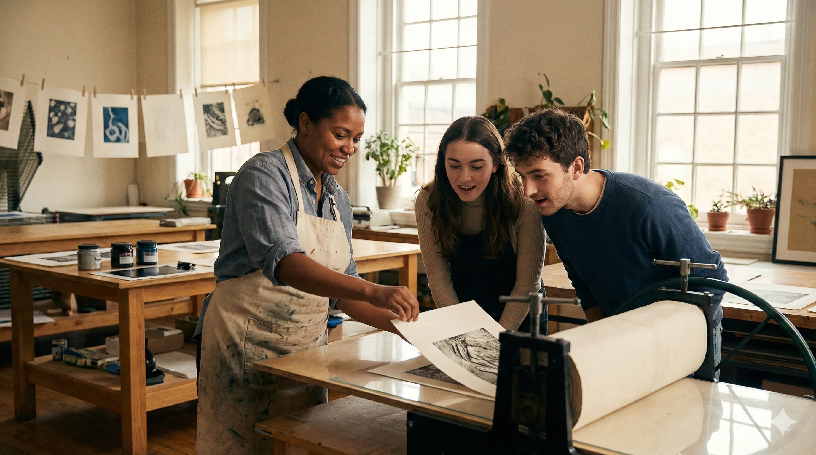 group of people learning printmaking together